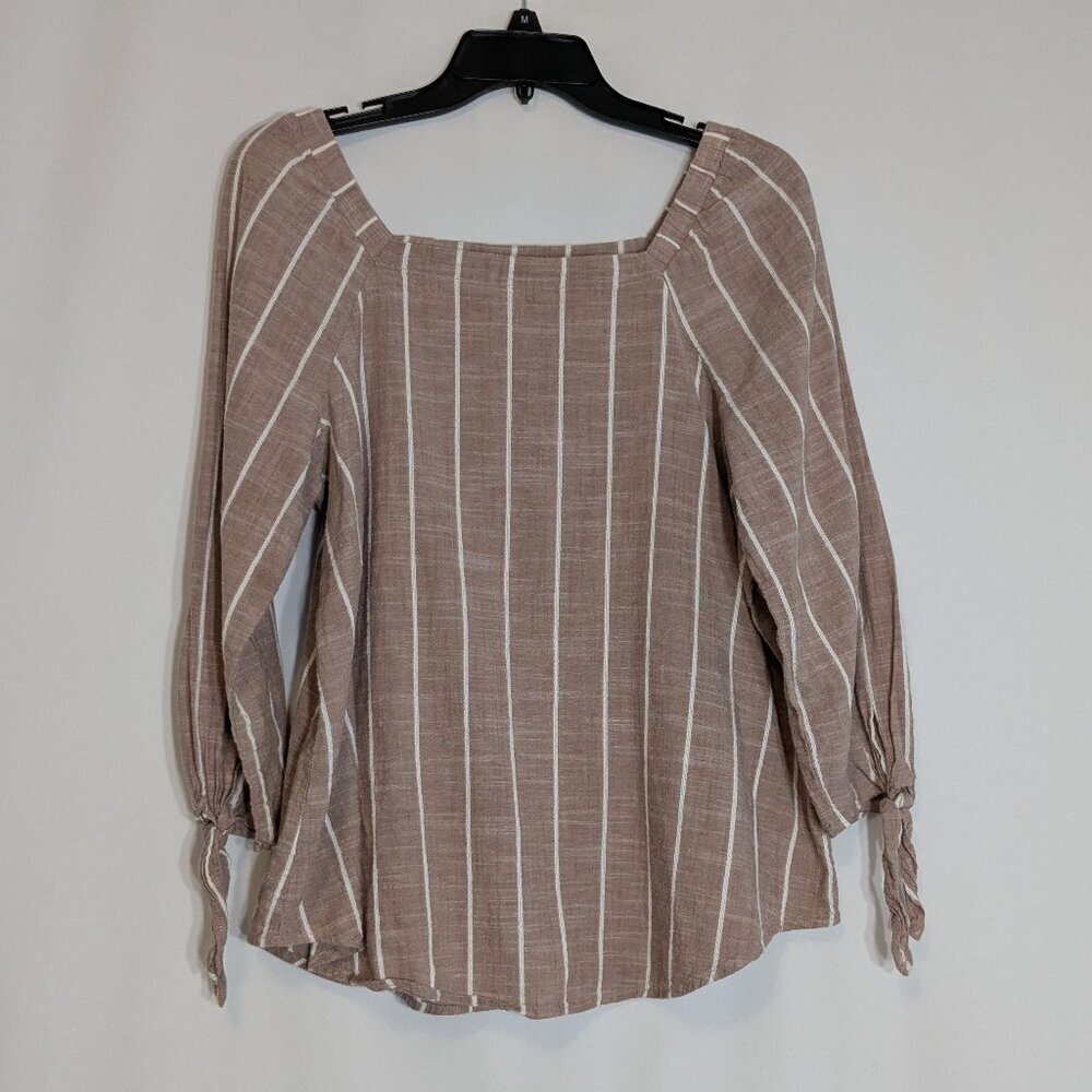 LIZ CLAIBORNE Blush Brown w White Stripe 3/4 Sleeve Pullover Top; Size M